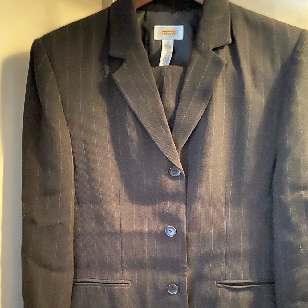 Talbots Blk Stripe Suit, Sz 14 pants, Sz 12 Jacket